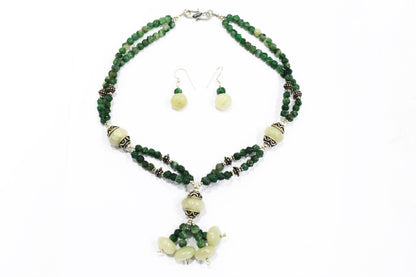Green Aventurine Tassel Statement Necklace Set, Multi-Strand Beaded Gemstone Lariat and Earrings