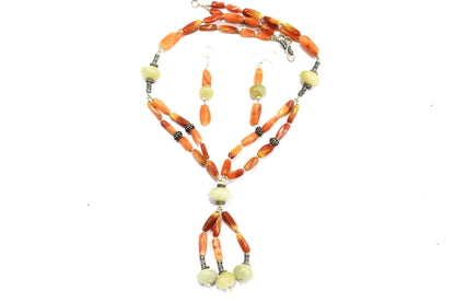 Natural Red and Green Aventurine Beaded Jewelry Set - Multi-Strand Statement Necklace & Matching Drop Earrings, 32879