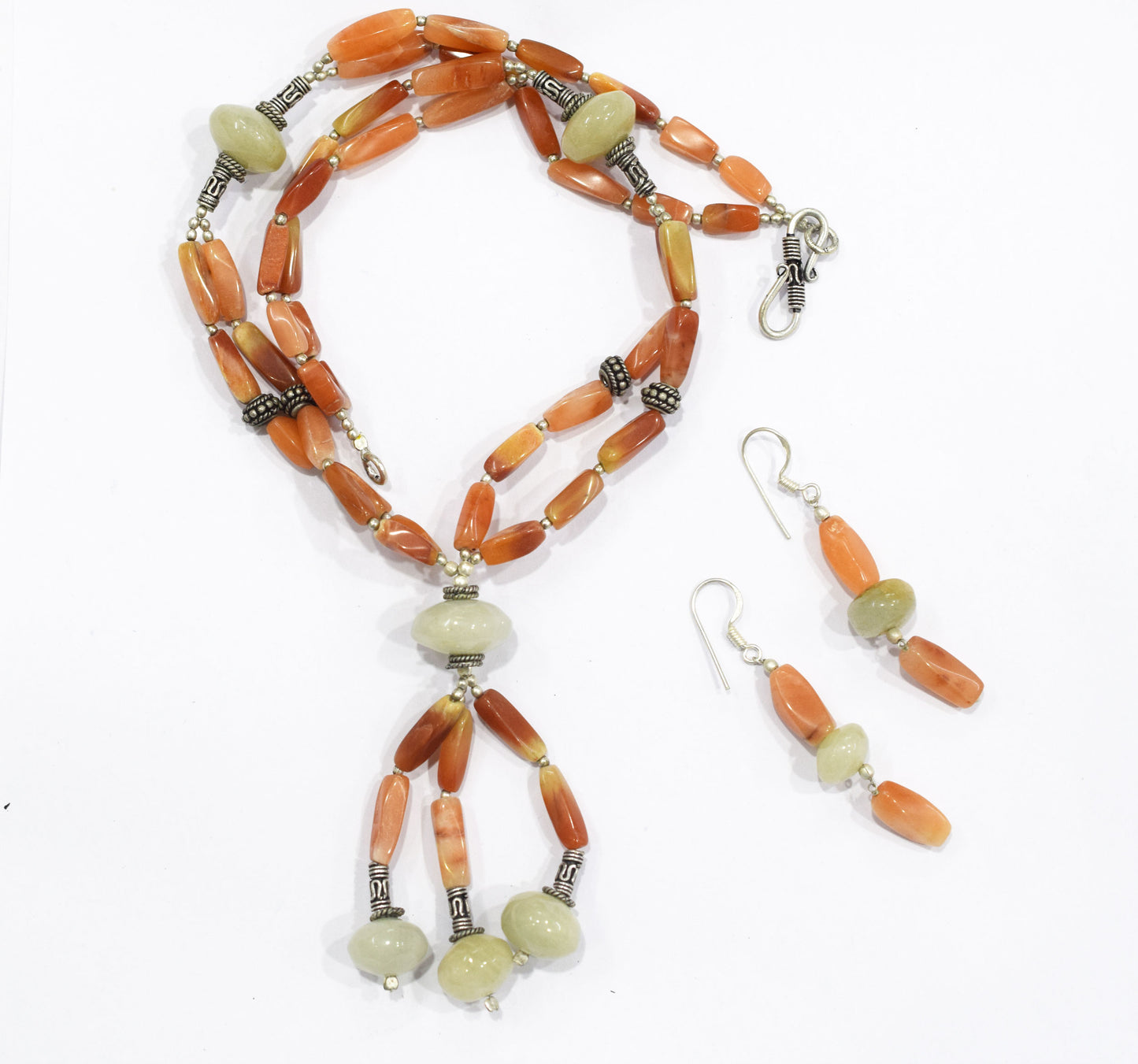 Natural Red and Green Aventurine Beaded Jewelry Set - Multi-Strand Statement Necklace & Matching Drop Earrings, 32879