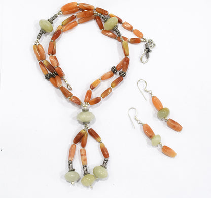 Natural Red and Green Aventurine Beaded Jewelry Set - Multi-Strand Statement Necklace & Matching Drop Earrings, 32879