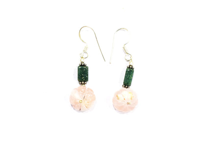Natural Green Aventurine and Rose Quartz, Rainbow moonstone Tassel Necklace Set - Single Strand Gemstone Beaded Y Choker with Drop Earrings, 32875