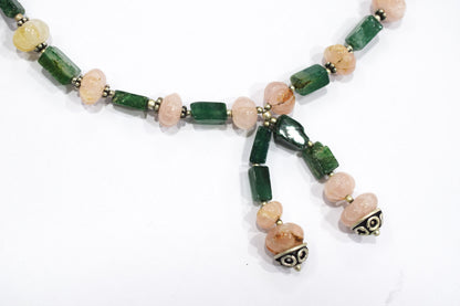 Natural Green Aventurine and Rose Quartz, Rainbow moonstone Tassel Necklace Set - Single Strand Gemstone Beaded Y Choker with Drop Earrings, 32875