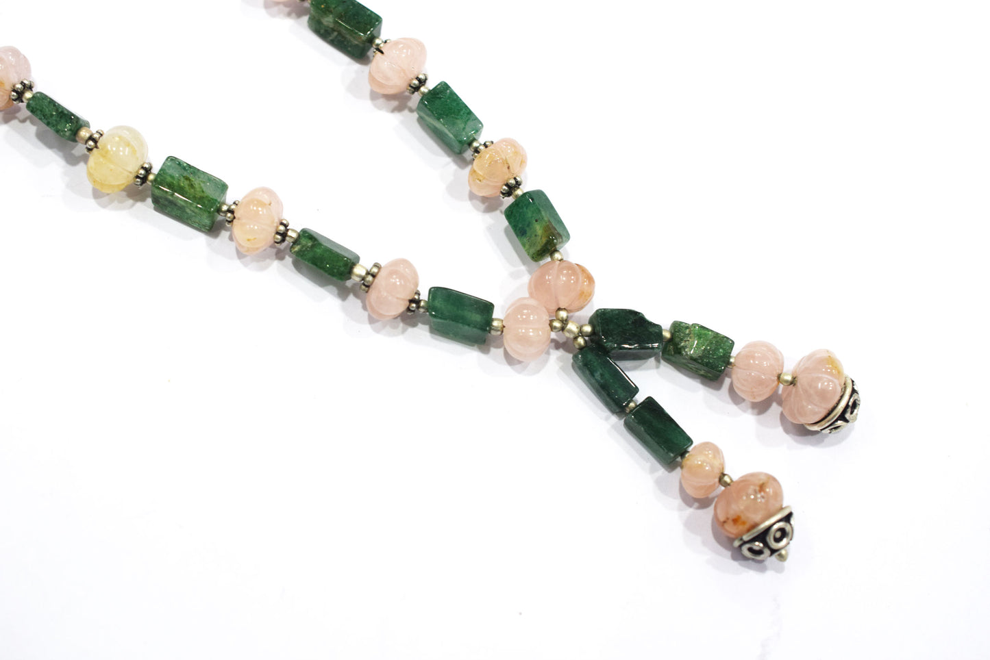Natural Green Aventurine and Rose Quartz, Rainbow moonstone Tassel Necklace Set - Single Strand Gemstone Beaded Y Choker with Drop Earrings, 32875