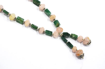 Natural Green Aventurine and Rose Quartz, Rainbow moonstone Tassel Necklace Set - Single Strand Gemstone Beaded Y Choker with Drop Earrings, 32875