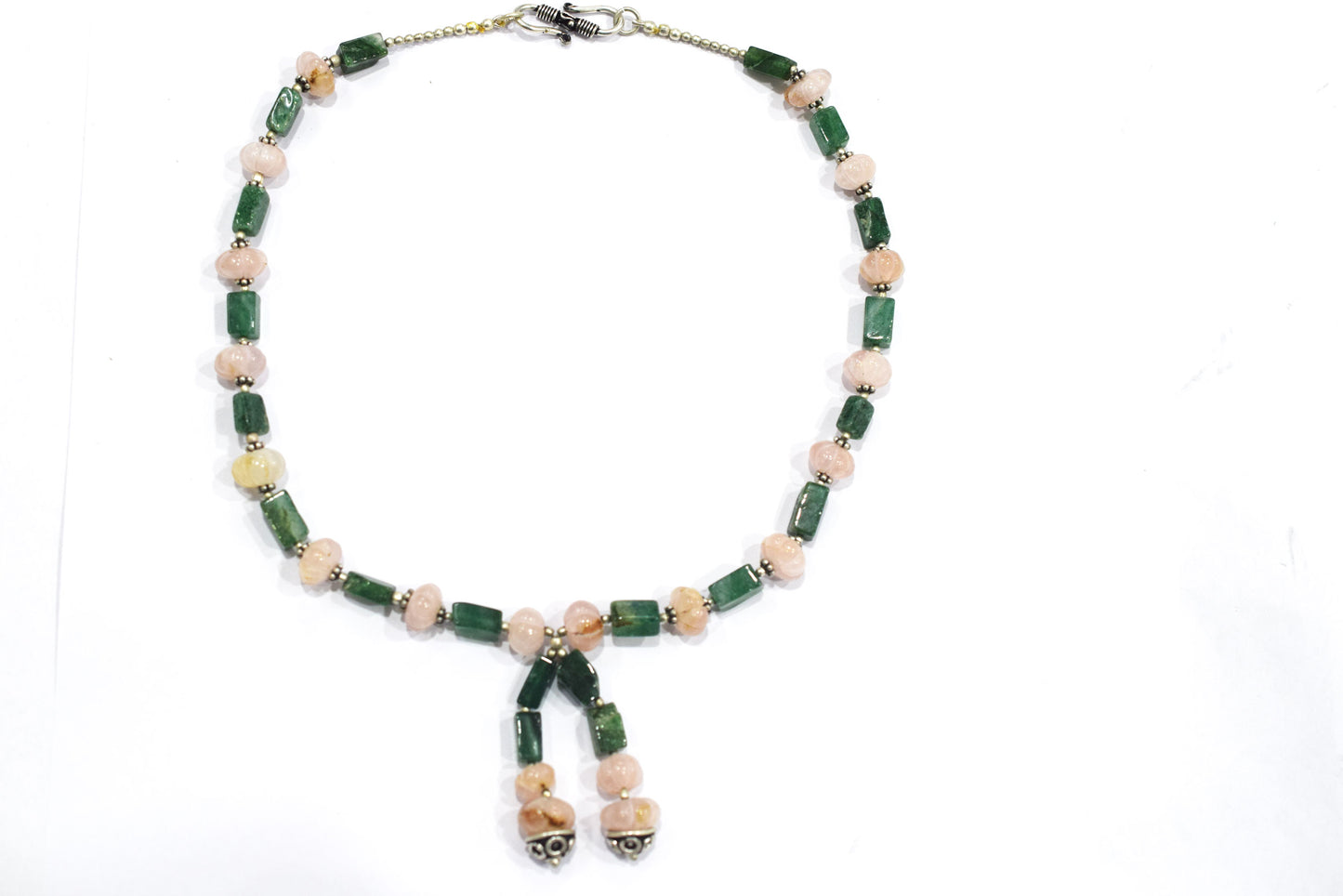 Natural Green Aventurine and Rose Quartz, Rainbow moonstone Tassel Necklace Set - Single Strand Gemstone Beaded Y Choker with Drop Earrings, 32875