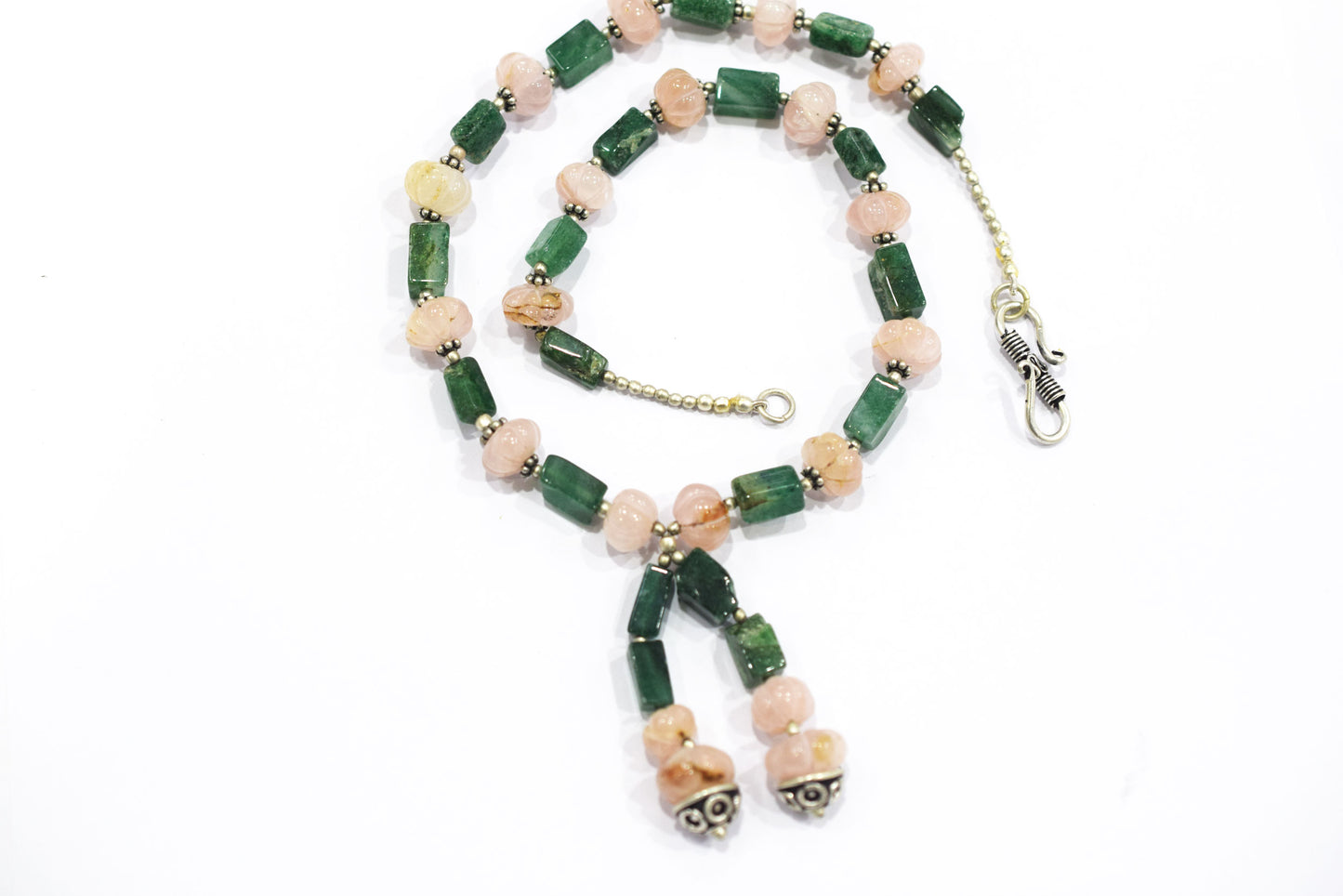 Natural Green Aventurine and Rose Quartz, Rainbow moonstone Tassel Necklace Set - Single Strand Gemstone Beaded Y Choker with Drop Earrings, 32875