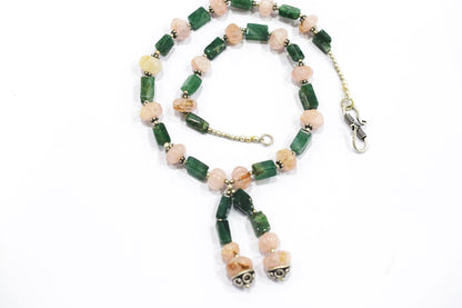 Natural Green Aventurine and Rose Quartz, Rainbow moonstone Tassel Necklace Set - Single Strand Gemstone Beaded Y Choker with Drop Earrings, 32875