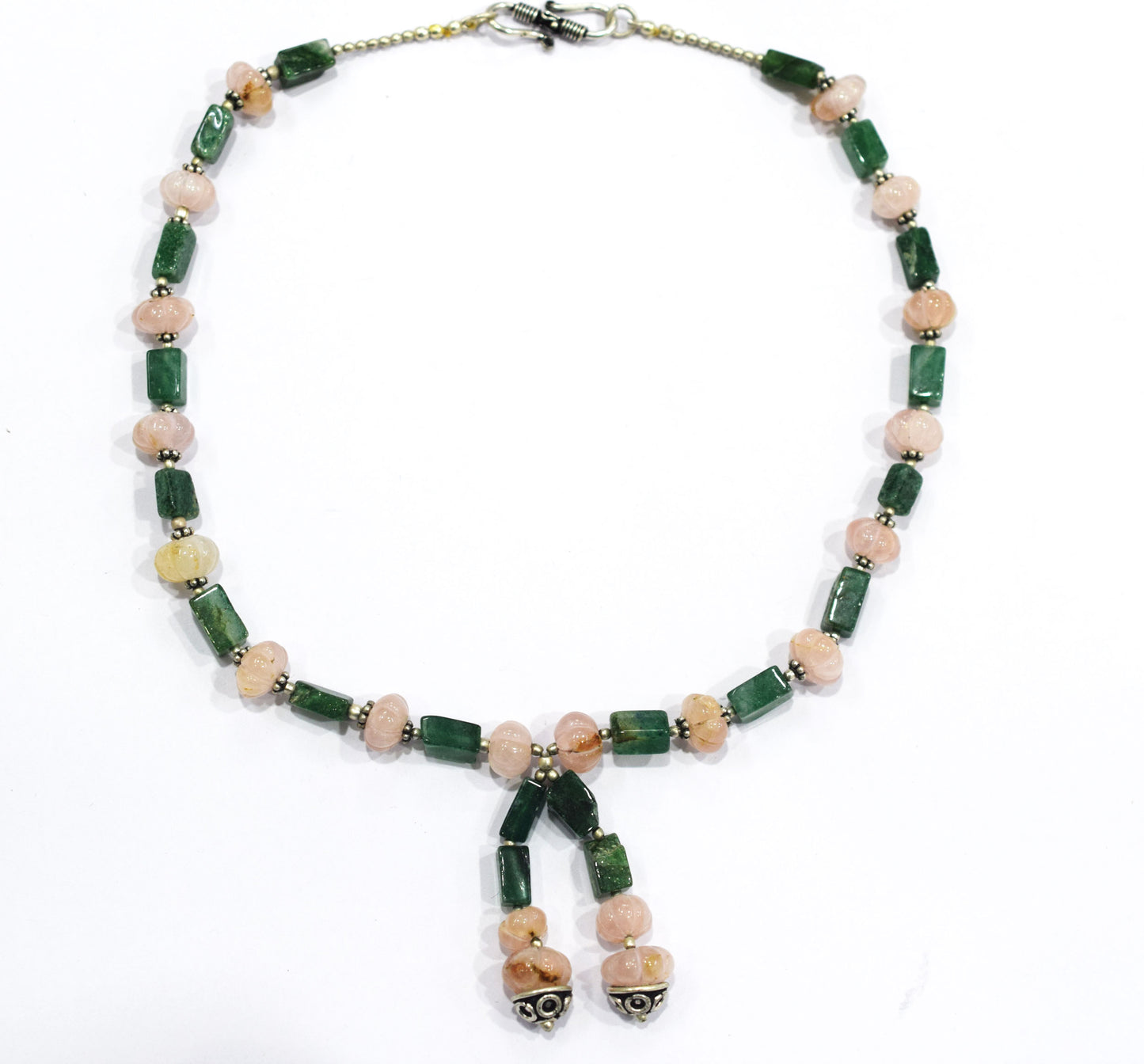 Natural Green Aventurine and Rose Quartz, Rainbow moonstone Tassel Necklace Set - Single Strand Gemstone Beaded Y Choker with Drop Earrings, 32875