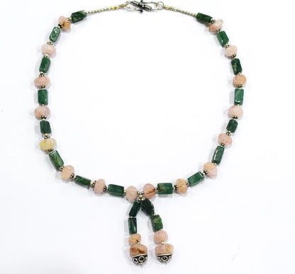 Natural Green Aventurine and Rose Quartz, Rainbow moonstone Tassel Necklace Set - Single Strand Gemstone Beaded Y Choker with Drop Earrings, 32875