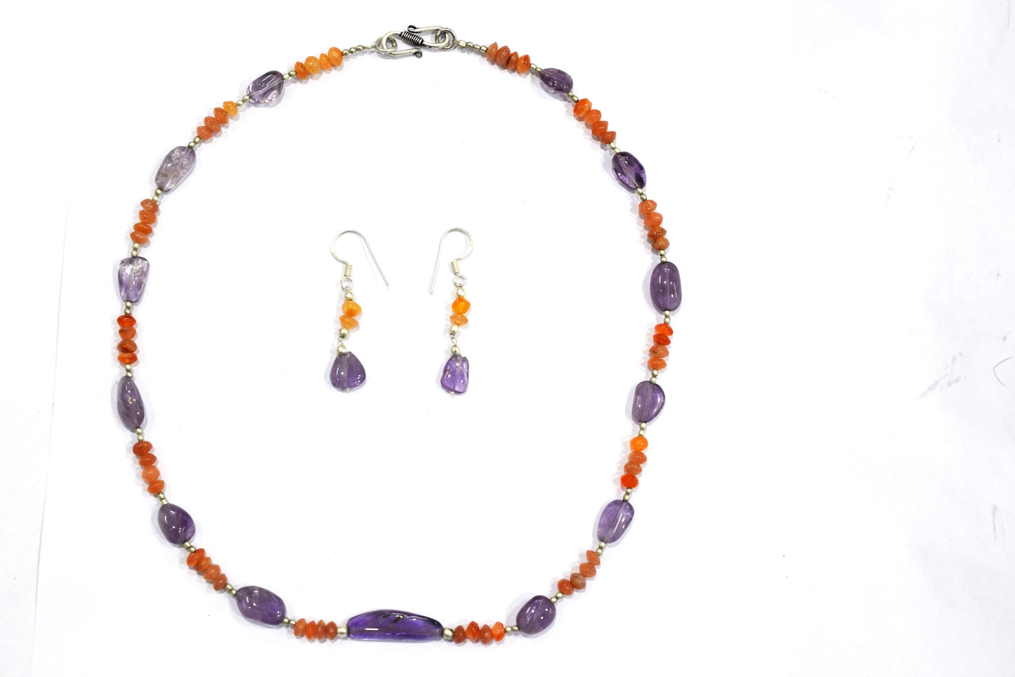Carnelian Amethyst Gemstone Necklace Set, Beaded Purple and Orange Crystal Choker Dainty Boho Layering Necklace and Earrings, 32881