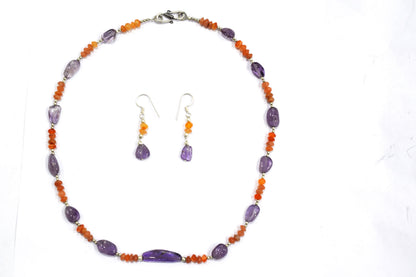 Carnelian Amethyst Gemstone Necklace Set, Beaded Purple and Orange Crystal Choker Dainty Boho Layering Necklace and Earrings, 32881