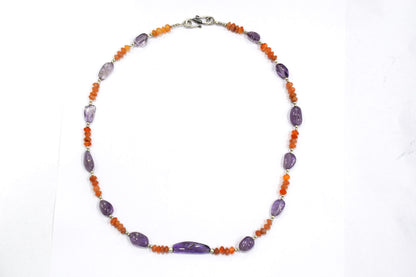 Carnelian Amethyst Gemstone Necklace Set, Beaded Purple and Orange Crystal Choker Dainty Boho Layering Necklace and Earrings, 32881