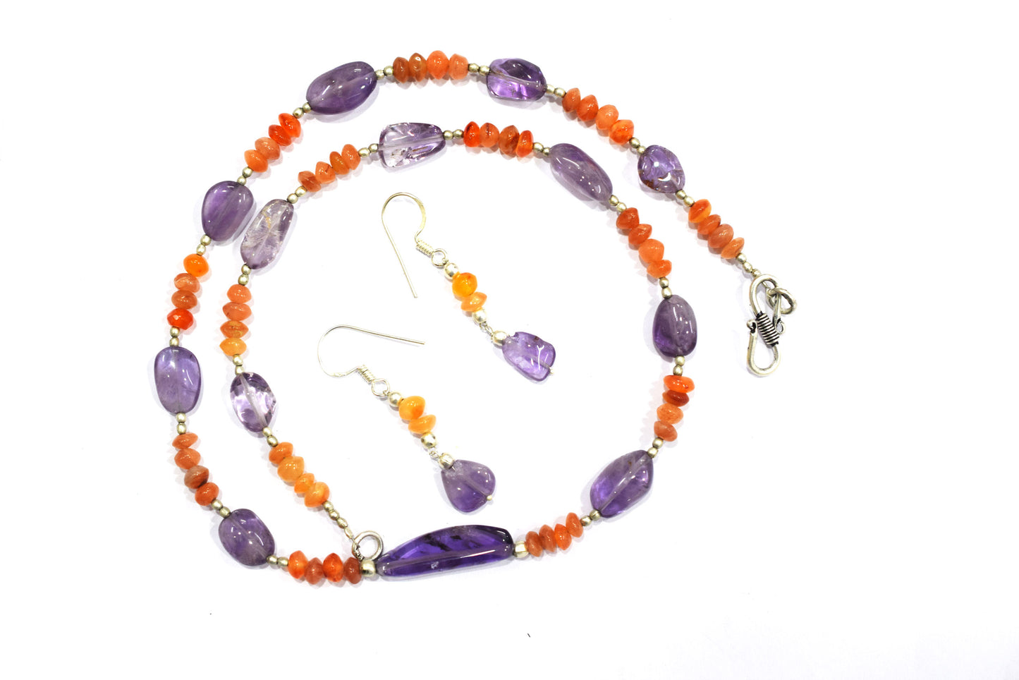 Carnelian Amethyst Gemstone Necklace Set, Beaded Purple and Orange Crystal Choker Dainty Boho Layering Necklace and Earrings, 32881