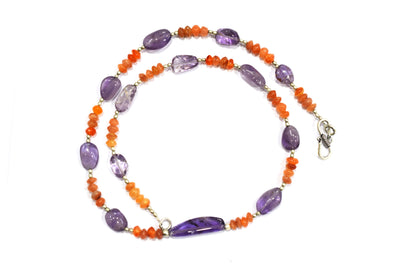 Carnelian Amethyst Gemstone Necklace Set, Beaded Purple and Orange Crystal Choker Dainty Boho Layering Necklace and Earrings, 32881