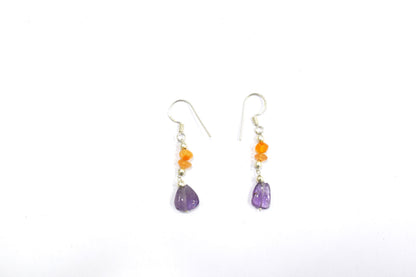 Carnelian Amethyst Gemstone Necklace Set, Beaded Purple and Orange Crystal Choker Dainty Boho Layering Necklace and Earrings, 32881