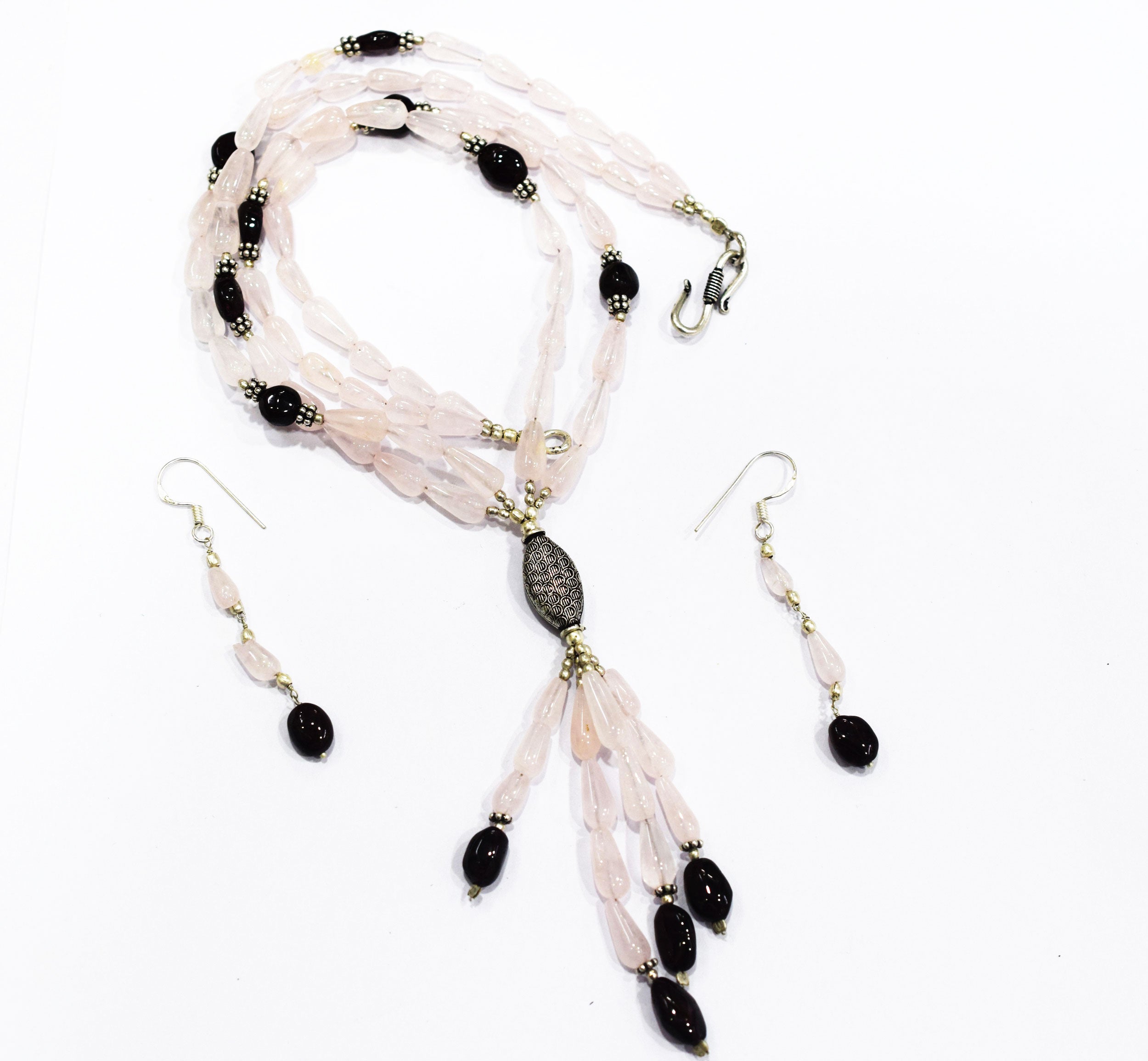 Natural Pink Rose Quartz and Dark Red Garnet Beaded Statement Necklace Set , Gift For Her, 32882
