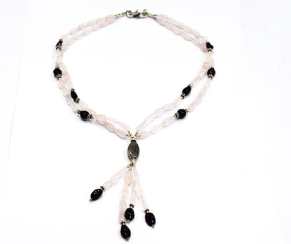 Natural Pink Rose Quartz and Dark Red Garnet Beaded Statement Necklace Set , Gift For Her, 32882