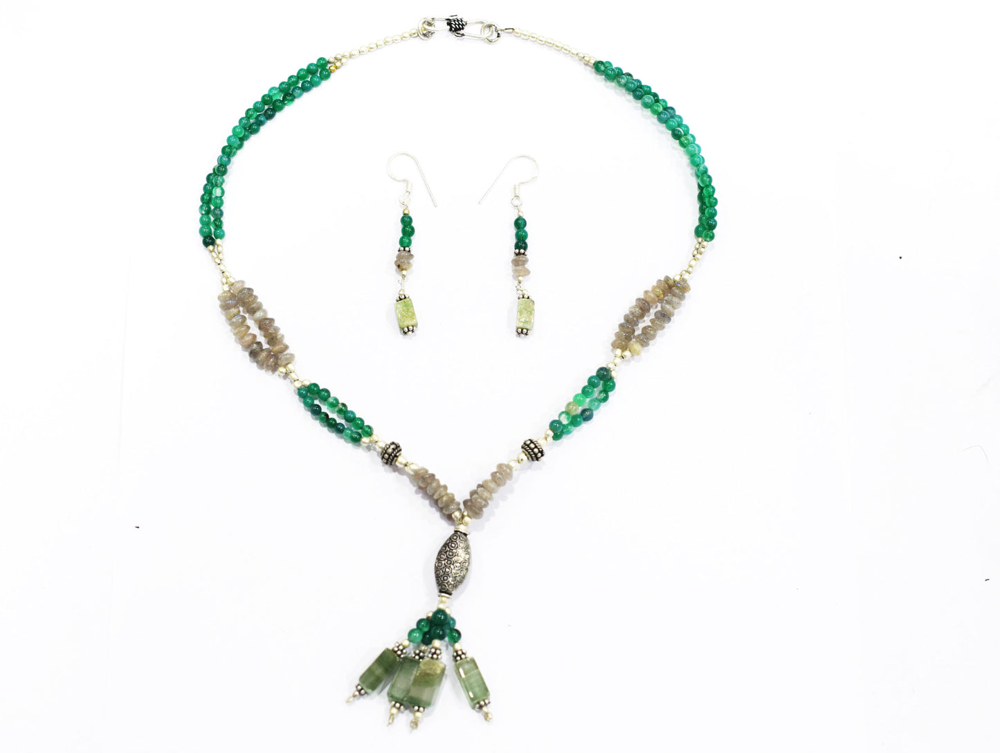 Labradorite Green Aventurine Tassel Necklace Set, Beaded Gemstone Y-Necklace and Dangle Earrings, 32883