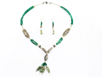 Labradorite Green Aventurine Tassel Necklace Set, Beaded Gemstone Y-Necklace and Dangle Earrings, 32883