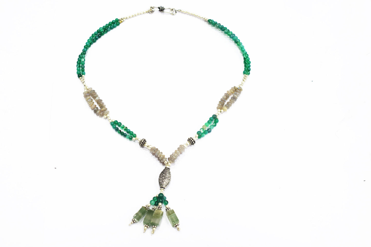 Labradorite Green Aventurine Tassel Necklace Set, Beaded Gemstone Y-Necklace and Dangle Earrings, 32883