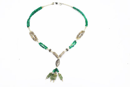 Labradorite Green Aventurine Tassel Necklace Set, Beaded Gemstone Y-Necklace and Dangle Earrings, 32883