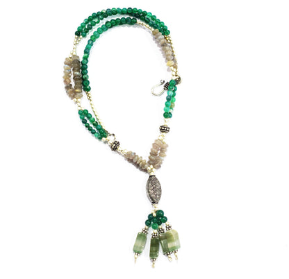 Labradorite Green Aventurine Tassel Necklace Set, Beaded Gemstone Y-Necklace and Dangle Earrings, 32883