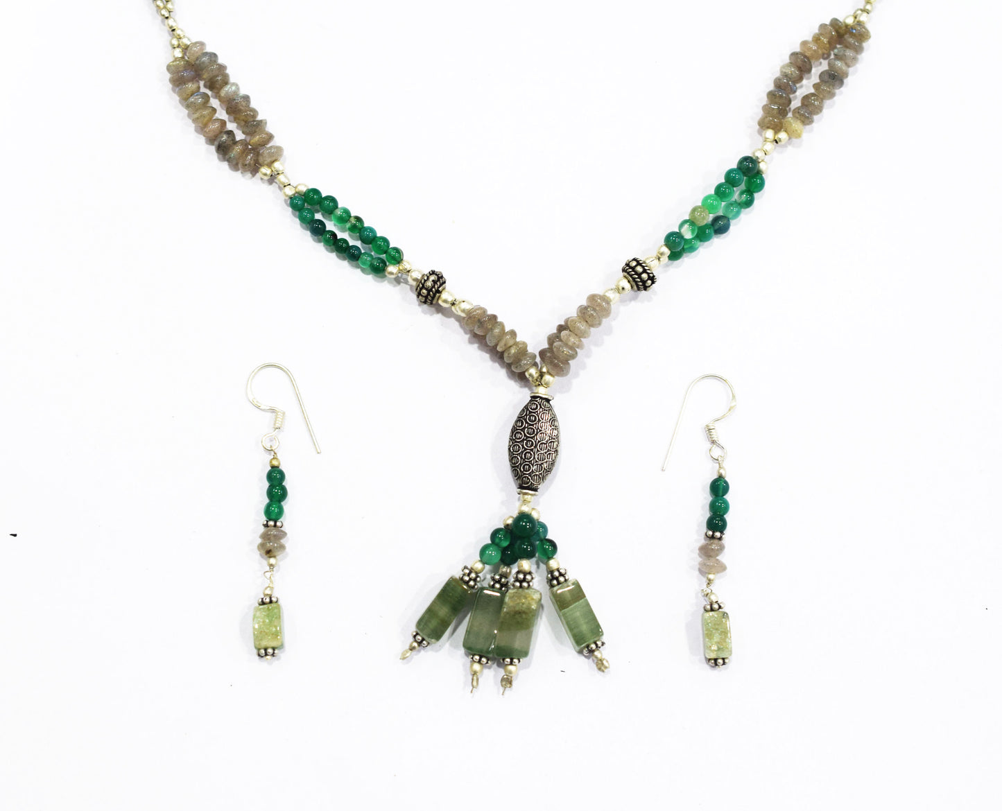 Labradorite Green Aventurine Tassel Necklace Set, Beaded Gemstone Y-Necklace and Dangle Earrings, 32883