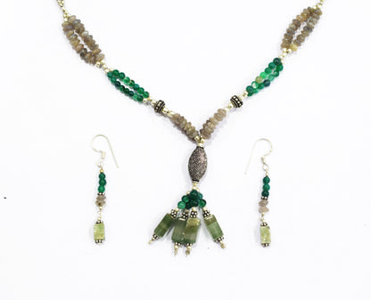 Labradorite Green Aventurine Tassel Necklace Set, Beaded Gemstone Y-Necklace and Dangle Earrings, 32883