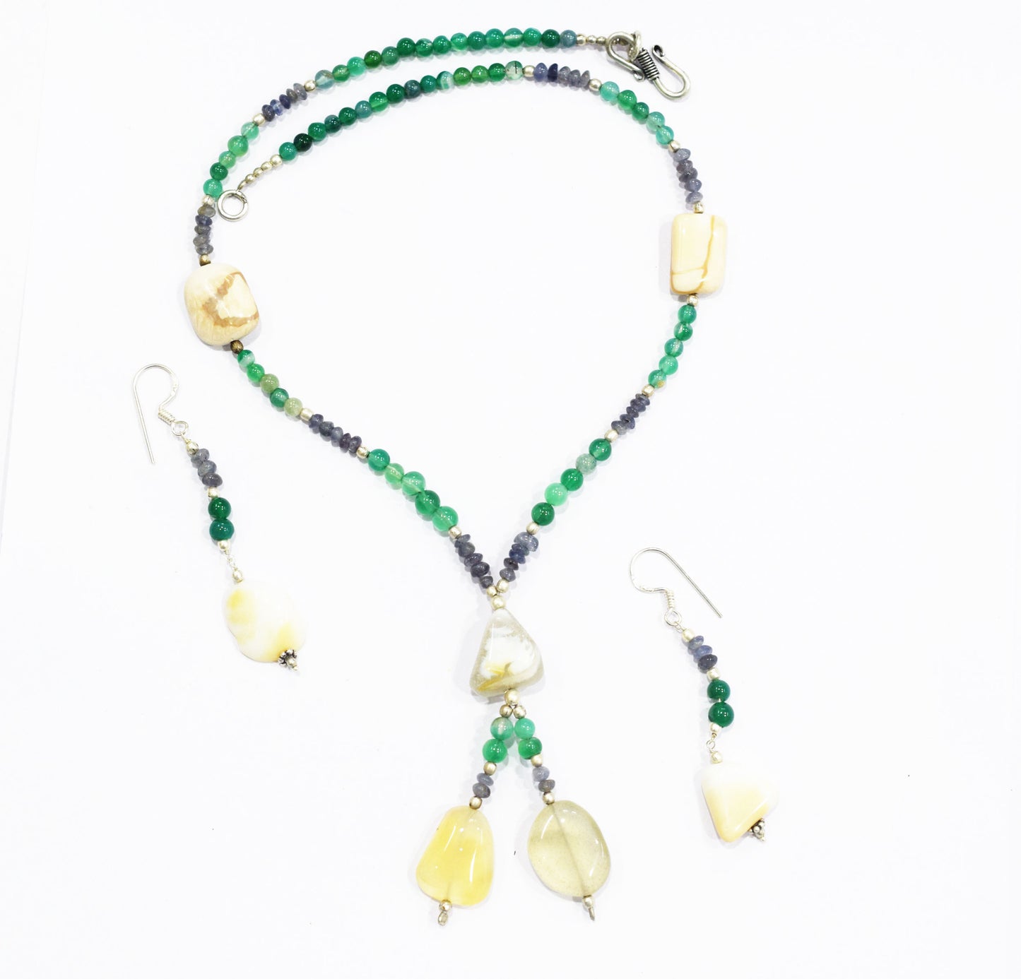 Amethyst Green Aventurine White Agate Lariat Set, Beaded Gemstone Y-Necklace and Earrings, 32884