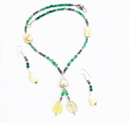 Amethyst Green Aventurine White Agate Lariat Set, Beaded Gemstone Y-Necklace and Earrings, 32884