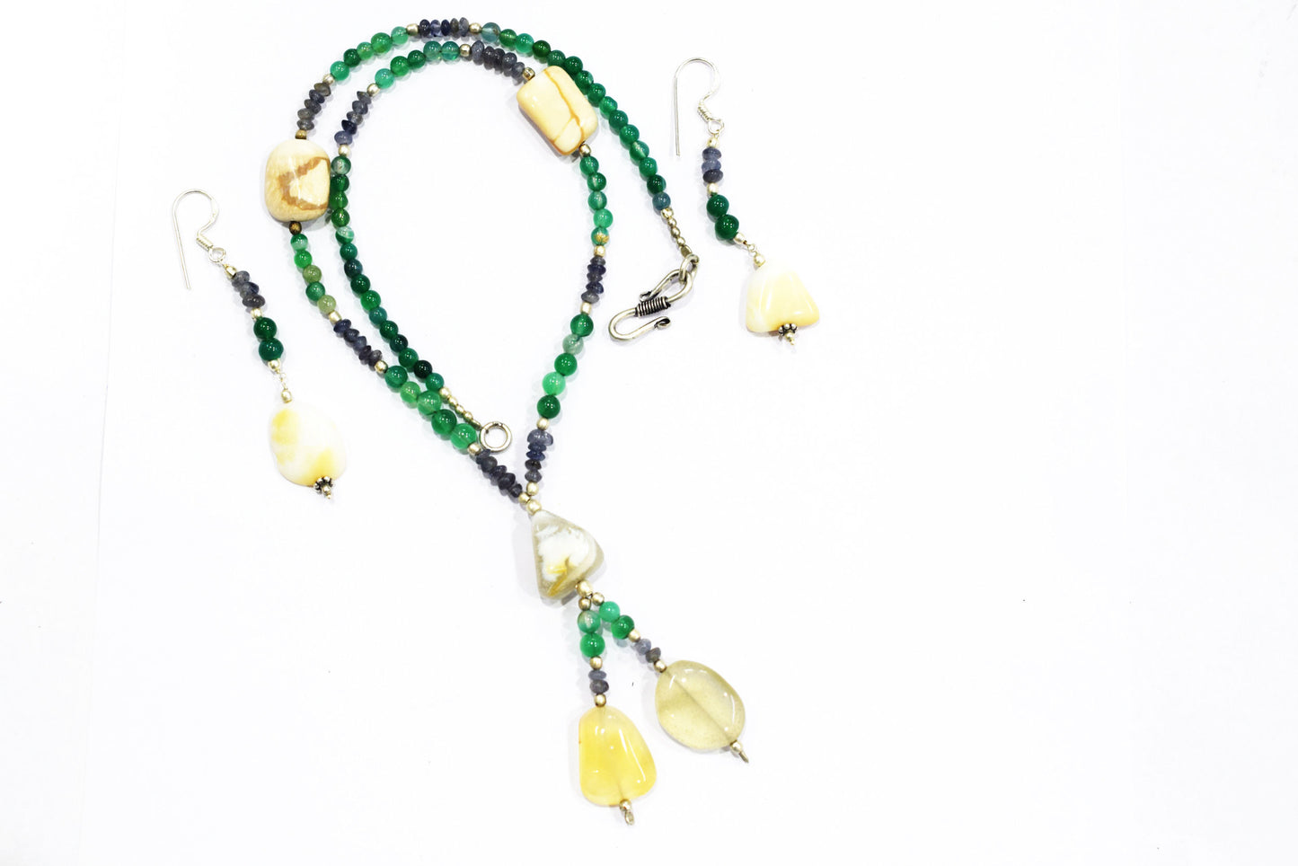 Amethyst Green Aventurine White Agate Lariat Set, Beaded Gemstone Y-Necklace and Earrings, 32884