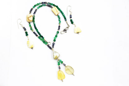 Amethyst Green Aventurine White Agate Lariat Set, Beaded Gemstone Y-Necklace and Earrings, 32884