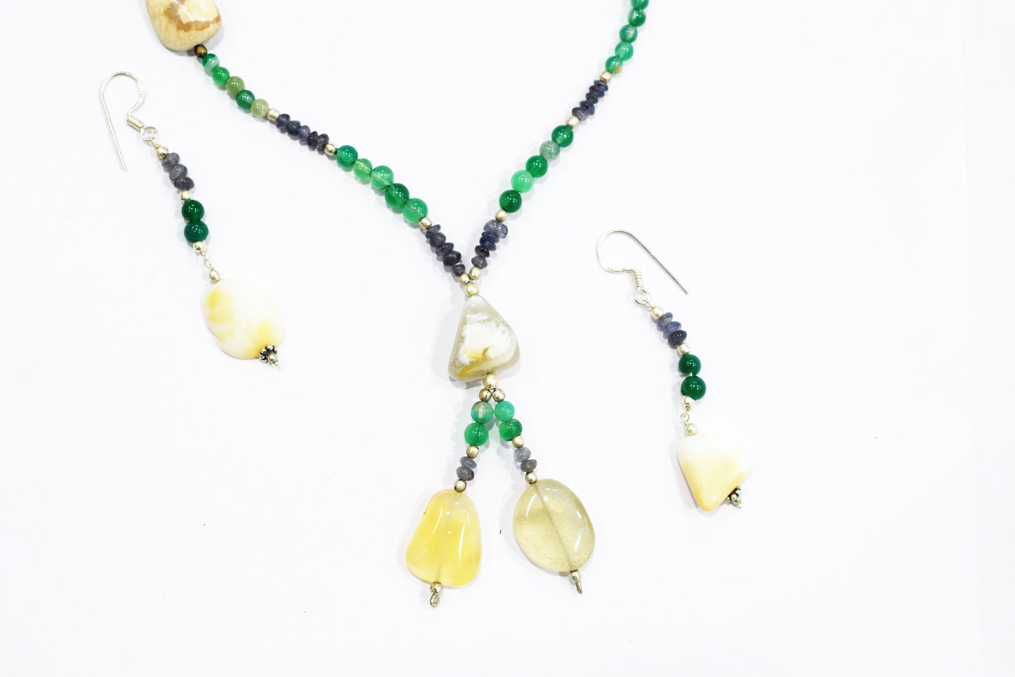 Amethyst Green Aventurine White Agate Lariat Set, Beaded Gemstone Y-Necklace and Earrings, 32884