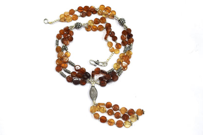 Hessonite Garnet Tassel Lariat Necklace Set, Multi-Strand Flat Coin Bead Cinnamon Stone Necklace and Earrings, 32885