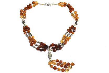 Hessonite Garnet Tassel Lariat Necklace Set, Multi-Strand Flat Coin Bead Cinnamon Stone Necklace and Earrings, 32885
