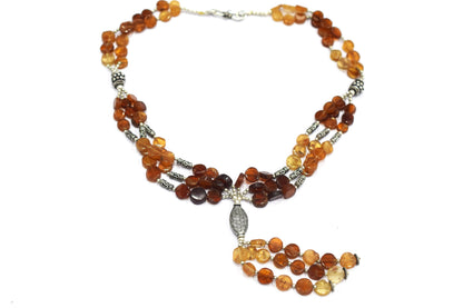 Hessonite Garnet Tassel Lariat Necklace Set, Multi-Strand Flat Coin Bead Cinnamon Stone Necklace and Earrings, 32885