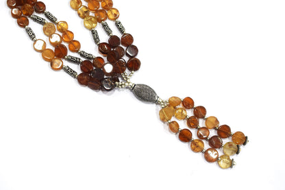 Hessonite Garnet Tassel Lariat Necklace Set, Multi-Strand Flat Coin Bead Cinnamon Stone Necklace and Earrings, 32885