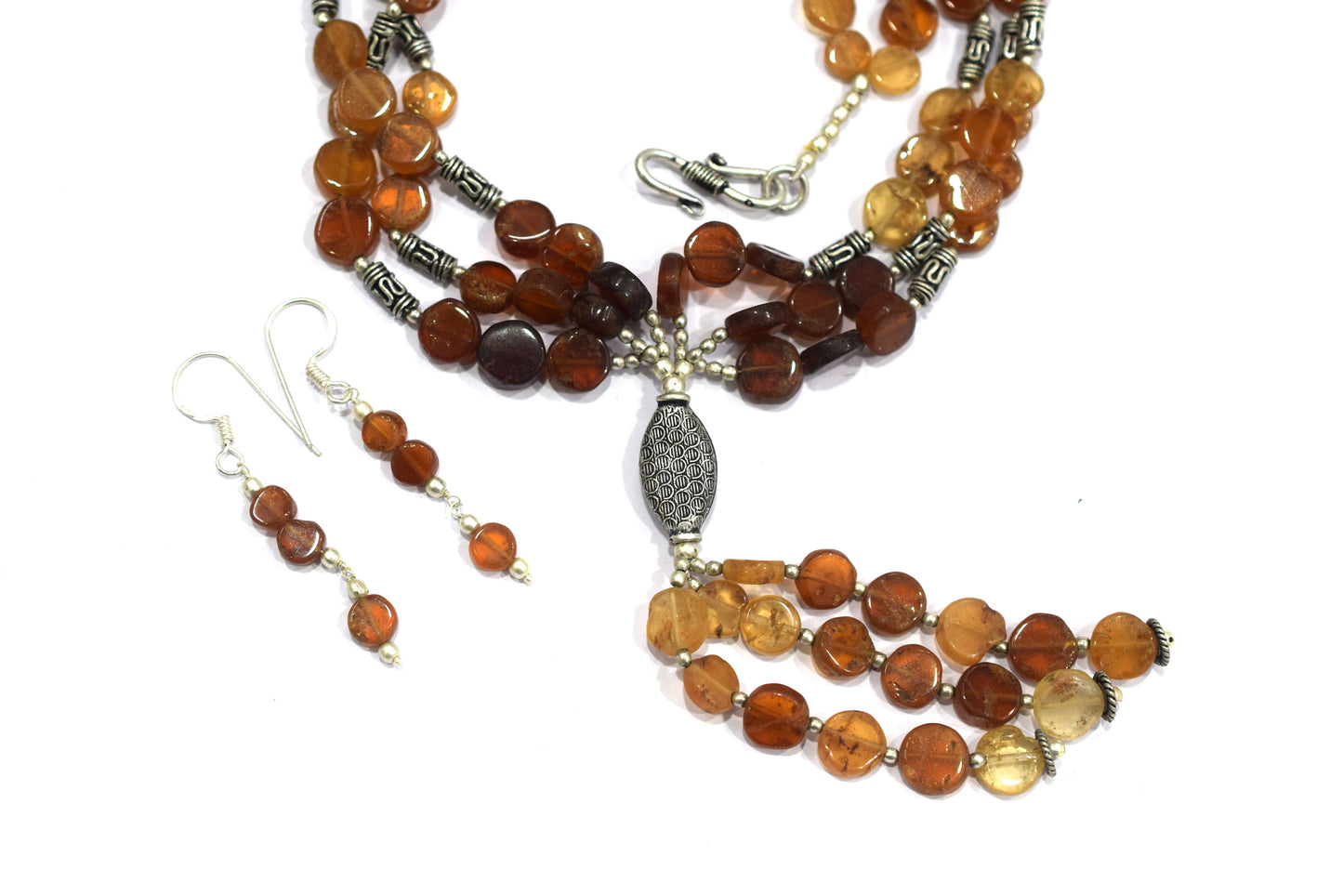 Hessonite Garnet Tassel Lariat Necklace Set, Multi-Strand Flat Coin Bead Cinnamon Stone Necklace and Earrings, 32885