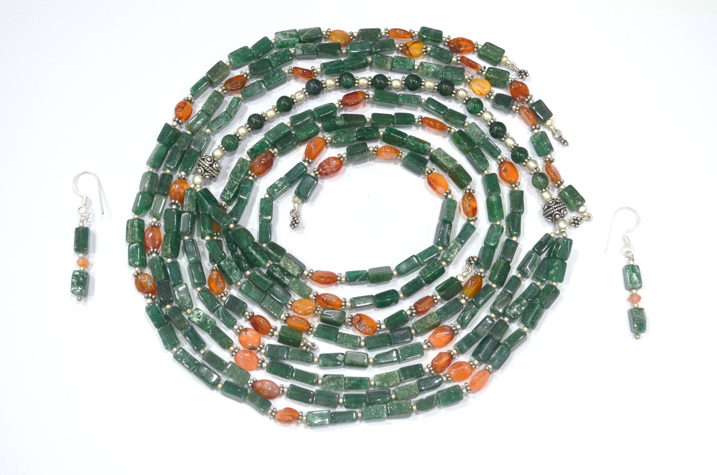Natural Green Aventurine and Carnelian Beaded Open-End Layering Necklace with Matching Dangle Earrings Set, 32886