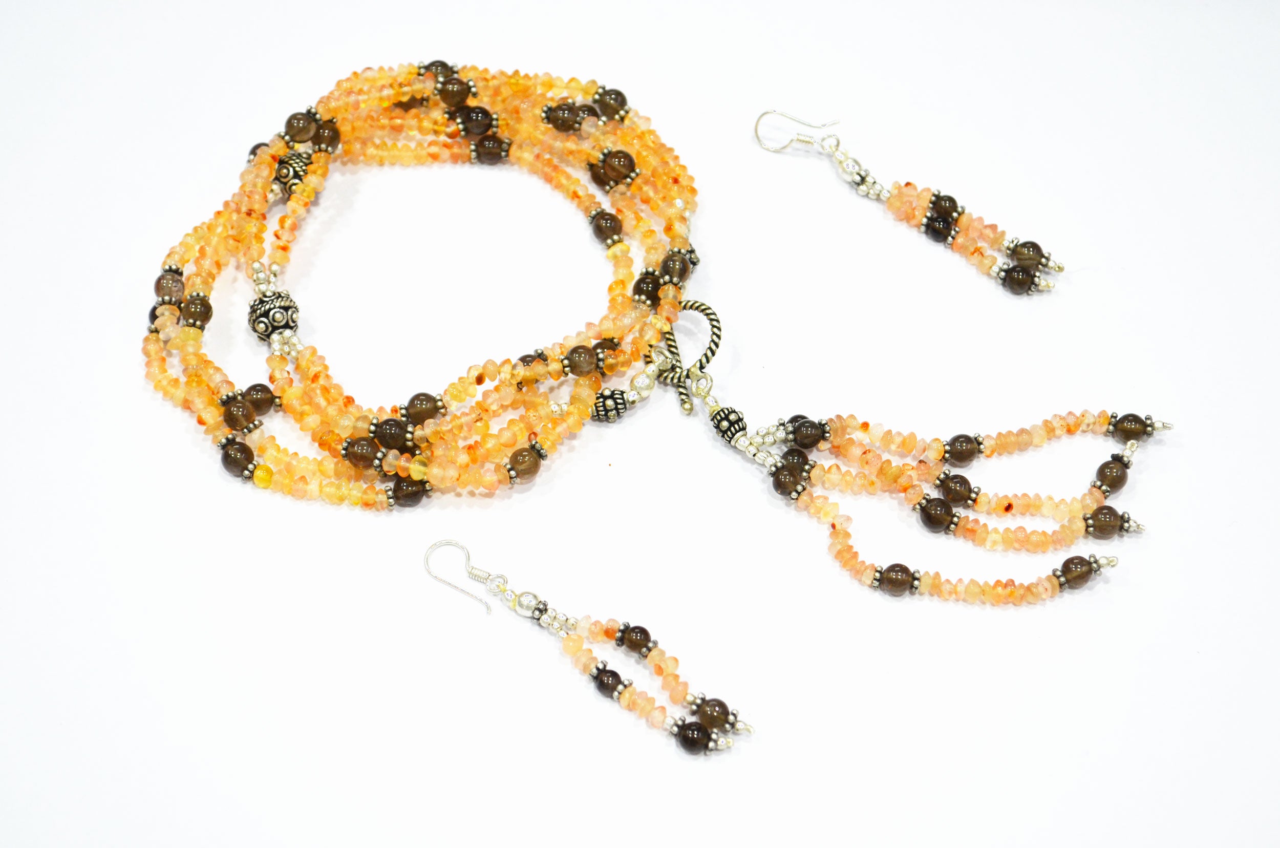 Natural Citrine and Smoky Quartz Multi-Strand Tassel Necklace & Earrings Set – Beaded Bohemian Statement Jewelry, 32887