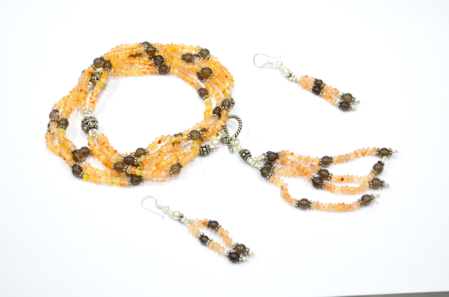 Natural Citrine and Smoky Quartz Multi-Strand Tassel Necklace & Earrings Set – Beaded Bohemian Statement Jewelry, 32887