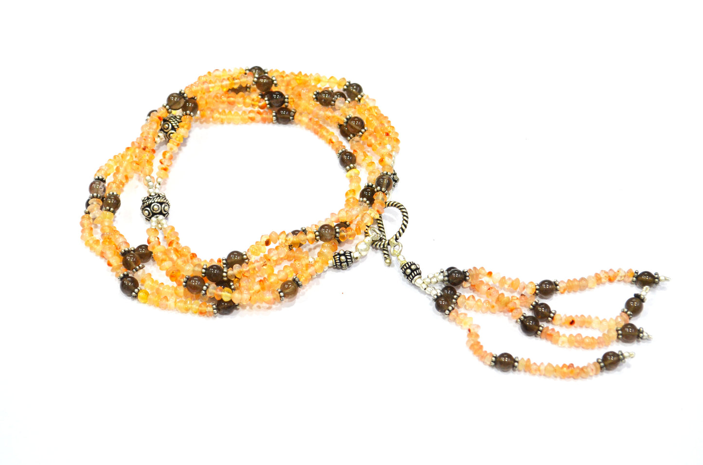 Natural Citrine and Smoky Quartz Multi-Strand Tassel Necklace & Earrings Set – Beaded Bohemian Statement Jewelry, 32887