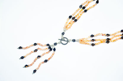Natural Citrine and Smoky Quartz Multi-Strand Tassel Necklace & Earrings Set – Beaded Bohemian Statement Jewelry, 32887