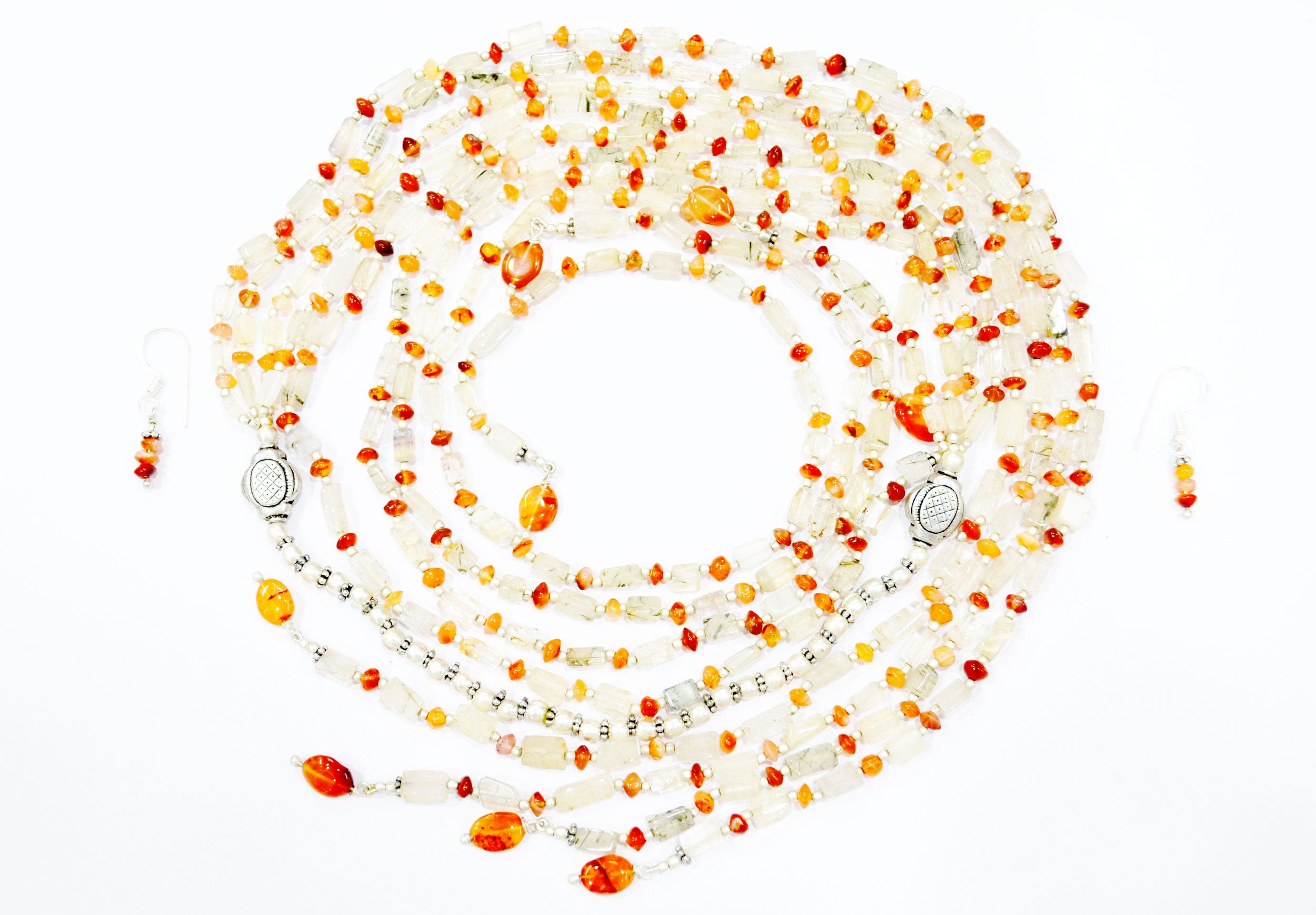 Natural Green Rutile Quartz & Carnelian Multi-Strand Necklace and Earrings Set – Open-Ended Layering Statement Jewelry,32888