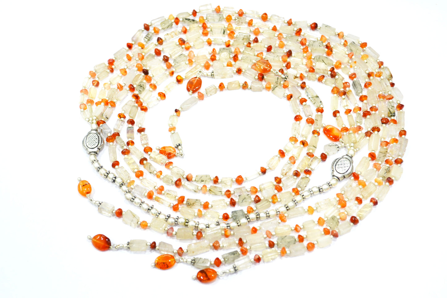 Natural Green Rutile Quartz & Carnelian Multi-Strand Necklace and Earrings Set – Open-Ended Layering Statement Jewelry,32888