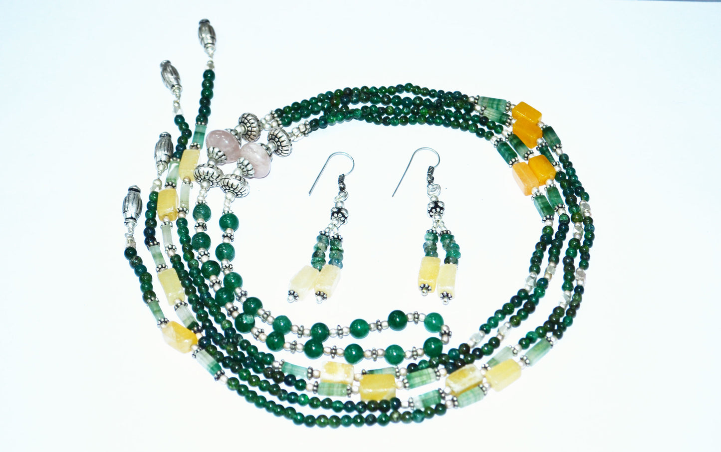Natural Green & Yellow Aventurine and Rose Quartz Multi-Strand Necklace & Earrings Set – Open-Ended Beaded Layering Statement Jewelry, 32889