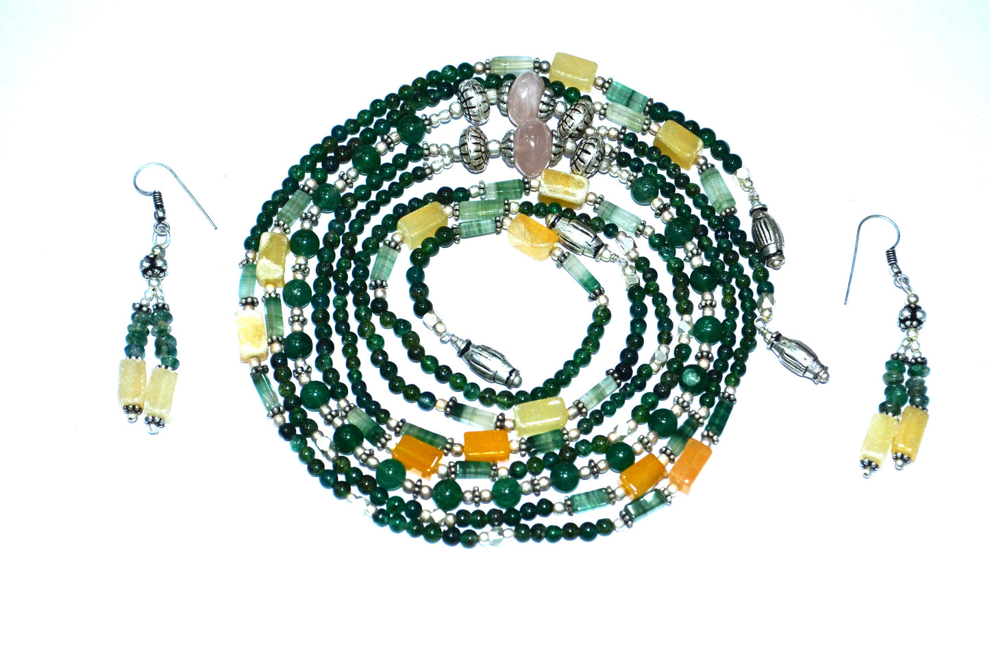 Natural Green & Yellow Aventurine and Rose Quartz Multi-Strand Necklace & Earrings Set – Open-Ended Beaded Layering Statement Jewelry, 32889