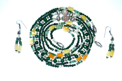Natural Green & Yellow Aventurine and Rose Quartz Multi-Strand Necklace & Earrings Set – Open-Ended Beaded Layering Statement Jewelry, 32889