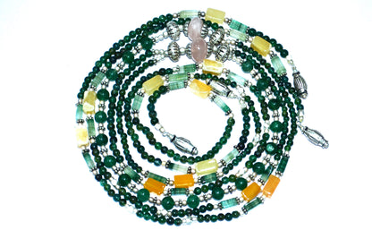 Natural Green & Yellow Aventurine and Rose Quartz Multi-Strand Necklace & Earrings Set – Open-Ended Beaded Layering Statement Jewelry, 32889