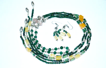 Natural Green & Yellow Aventurine and Rose Quartz Multi-Strand Necklace & Earrings Set – Open-Ended Beaded Layering Statement Jewelry, 32889
